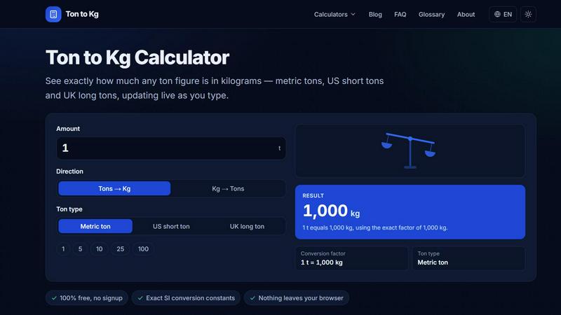 Ton to Kg Calculator screenshot